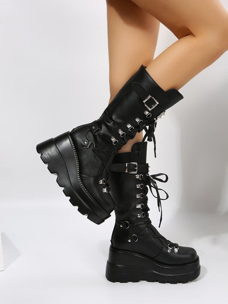 Thick soled 2023 Spring and Autumn new rivet wedge heel midsole boots, women's plus size temperament casual knight boots_voghion.com