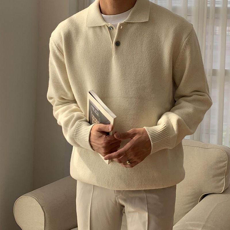 Autumn collar solid color new sweater men's versatile casual loose pullover knitted sweater wearing tie up clothes_voghion.com