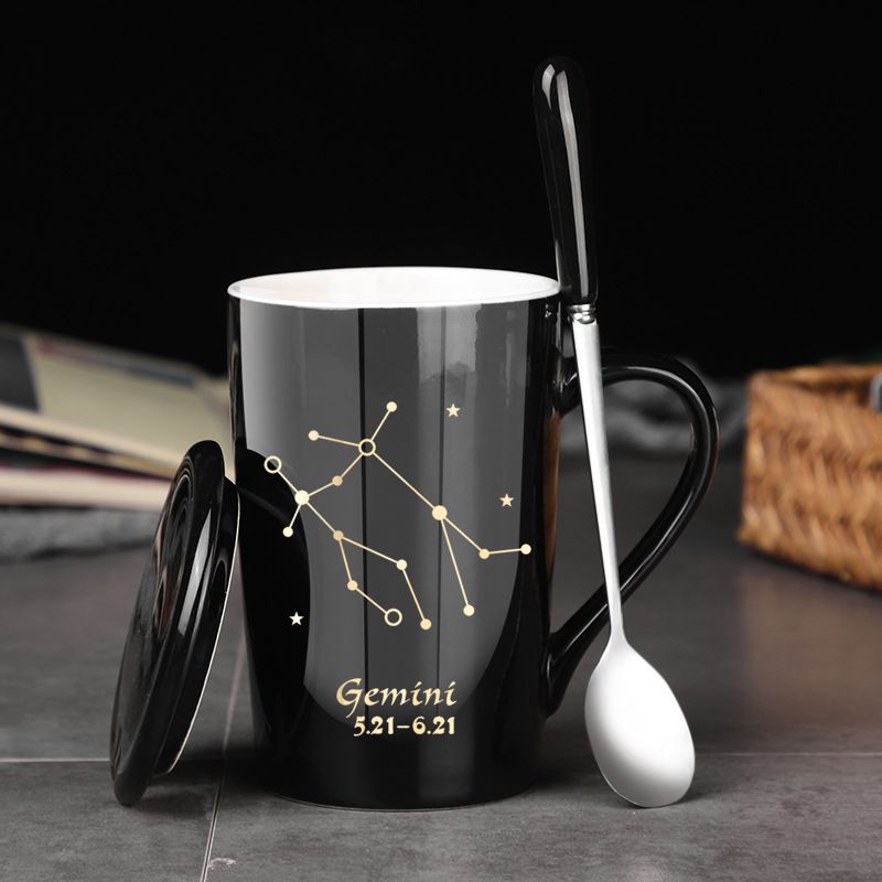 Ceramiczny kubek z konstelacją i pokrywką, łyżeczką, pudełko prezentowe, praktyczny, duża pojemność, kubek na wodę, nadruk_voghion.com