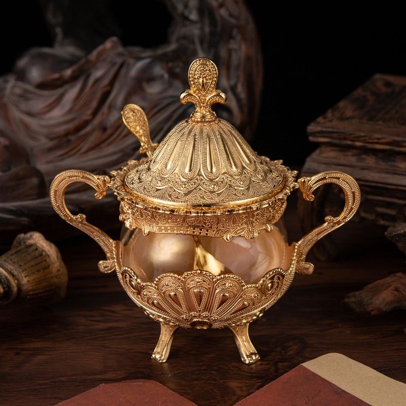 Sugar Bowl with Lid and Spoon,Metal&Glass Sugar Container for Sugar Cube and Powder Sugar,Spice Condiment Container,Salt Server_voghion.com