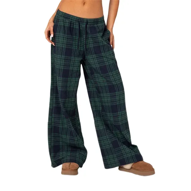 hot selling Xingqing Lounge Pants y2k Clothes Women Plaid Print Elastic Waist Loose Wide Leg Trousers with Pockets 2000s Clothing_voghion.com