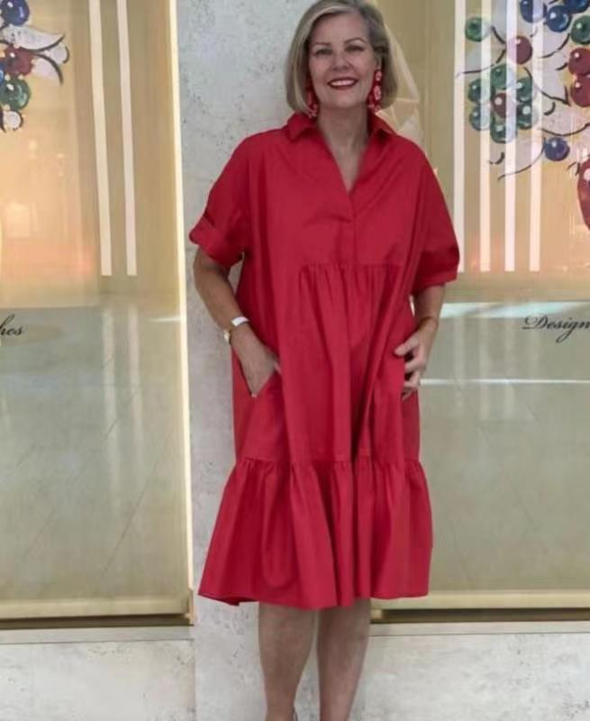 Women's solid color temperament commuting red loose waist dress_voghion.com