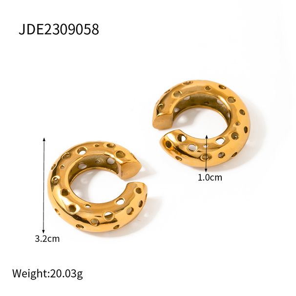 Fashionable gold stainless steel circular hollow C-shaped ear clip combination, earrings, and studs_voghion.com