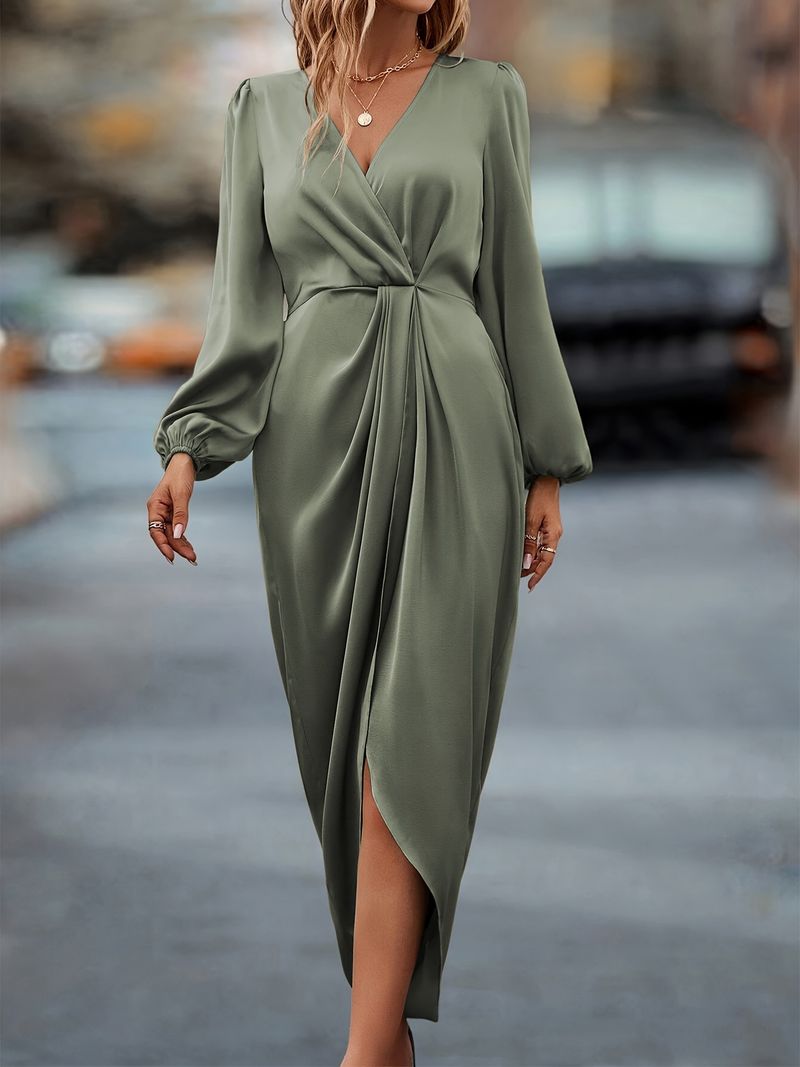 Damenbekleidung, Ausschnitt, Plissee, Schlitz, Blasenärmel, unregelmäßiges langärmeliges Kleid_voghion.com