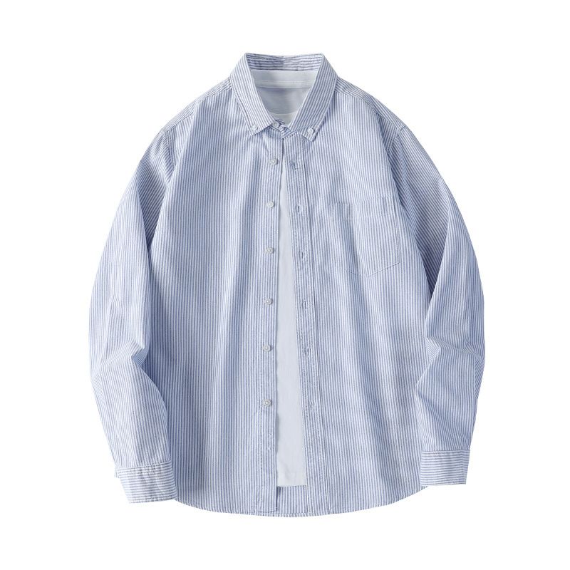 Camicia classica a righe blu e bianche retrò da uomo, a maniche lunghe, comoda e casual, da lavoro, giacca sottile_voghion.com
