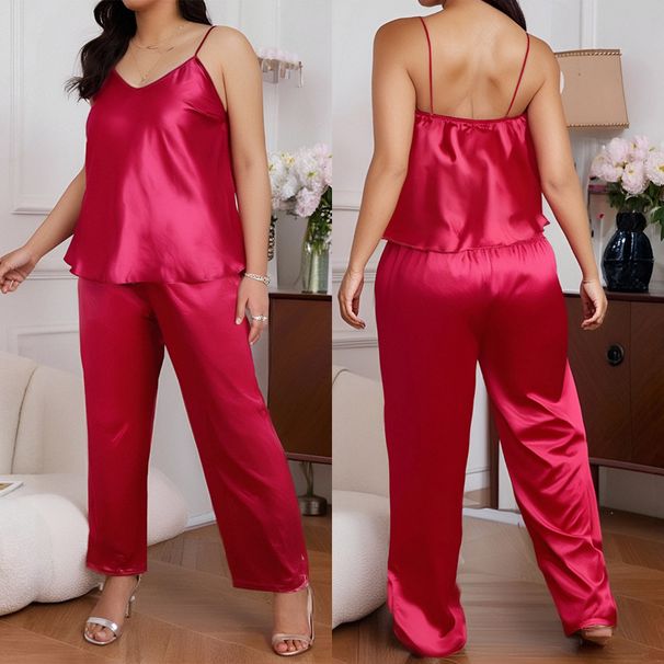 Sovkläder för damer Vår- och höstpyjamas Enfärgade hängslen Byxor Tvådelad kostym_voghion.com