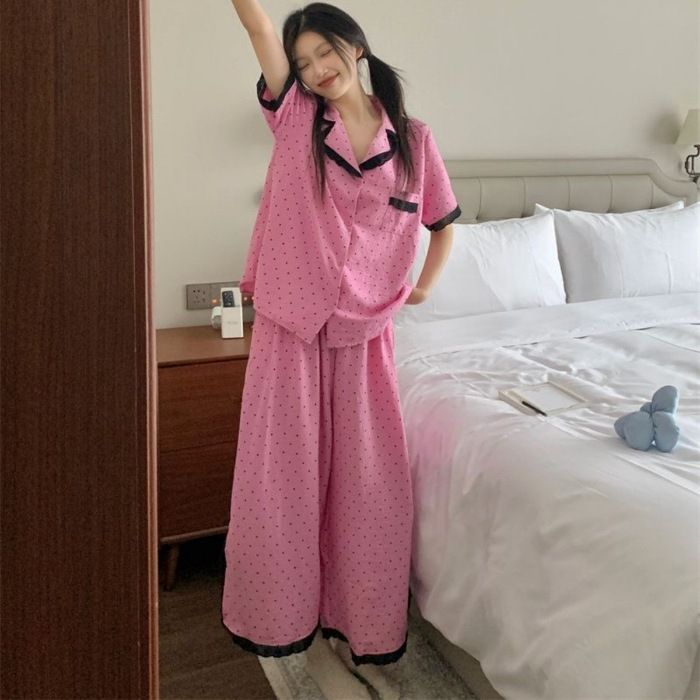 Pyjama d'été et d'automne en dentelle à pois pour femme, ensemble deux pièces décontracté à manches courtes et pantalon_voghion.com