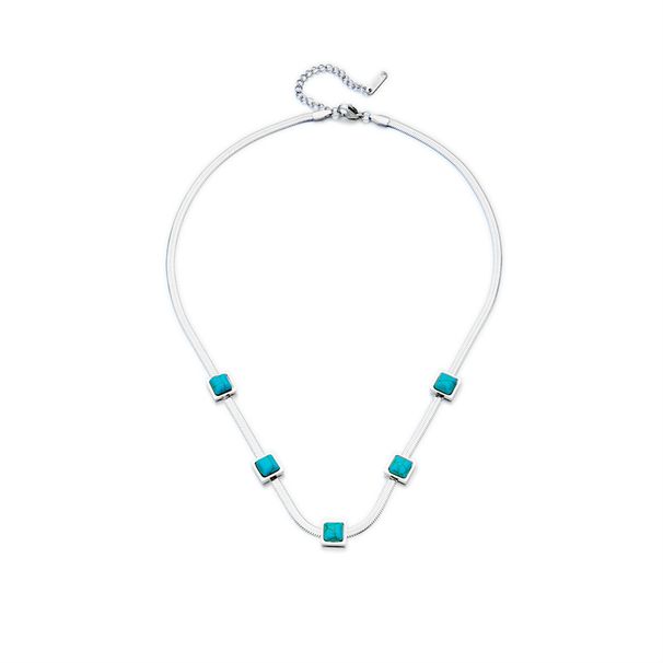 Collier de clavicule en acier titane bicolore or et argent à la mode transfrontalière européenne et américaine avec chaîne en os de serpent et niche en cube turquoise_voghion.com