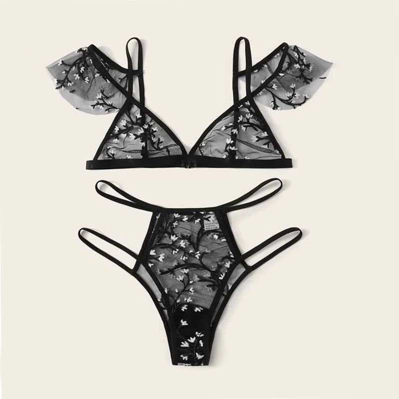 Sexy underwear set three-point embroidery see-through bra multicolor open back hollow lace underwear Sexy Lingerie_voghion.com