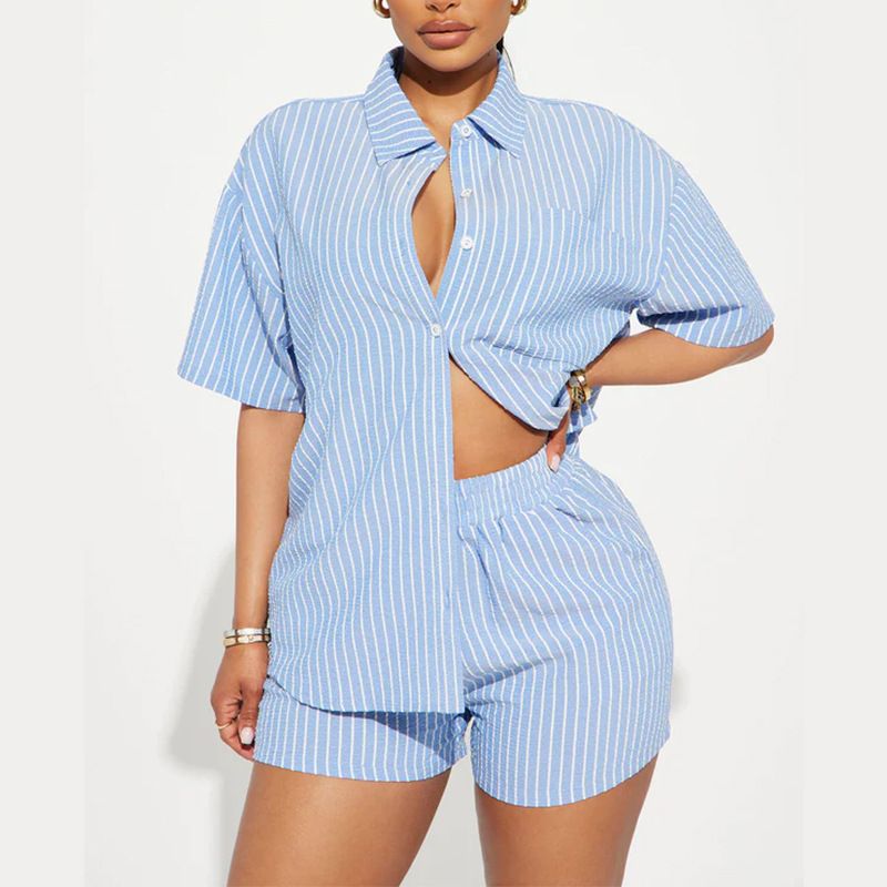 Women's Clothing Striped Lapel Short Sleeve Front Open Button Elastic Shorts Suit_voghion.com