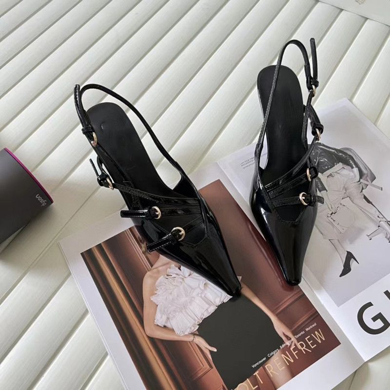Sandali con punta aperta, fibbia in stile francese, punta stretta, punta stretta, punta stretta in pelle verniciata, tacco alto, senza schienale, scarpe da donna Mary Jane_voghion.com