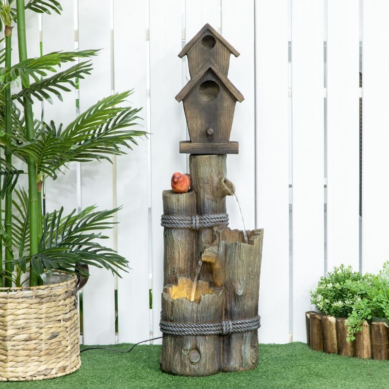 Outdoor Fountain With Birdhouse, Cascading Garden Waterfall Bird Bath With 3-Tier Rustic Tree Trunk / Log Design, LED Lights For Porch, Deck, Yard D_voghion.com