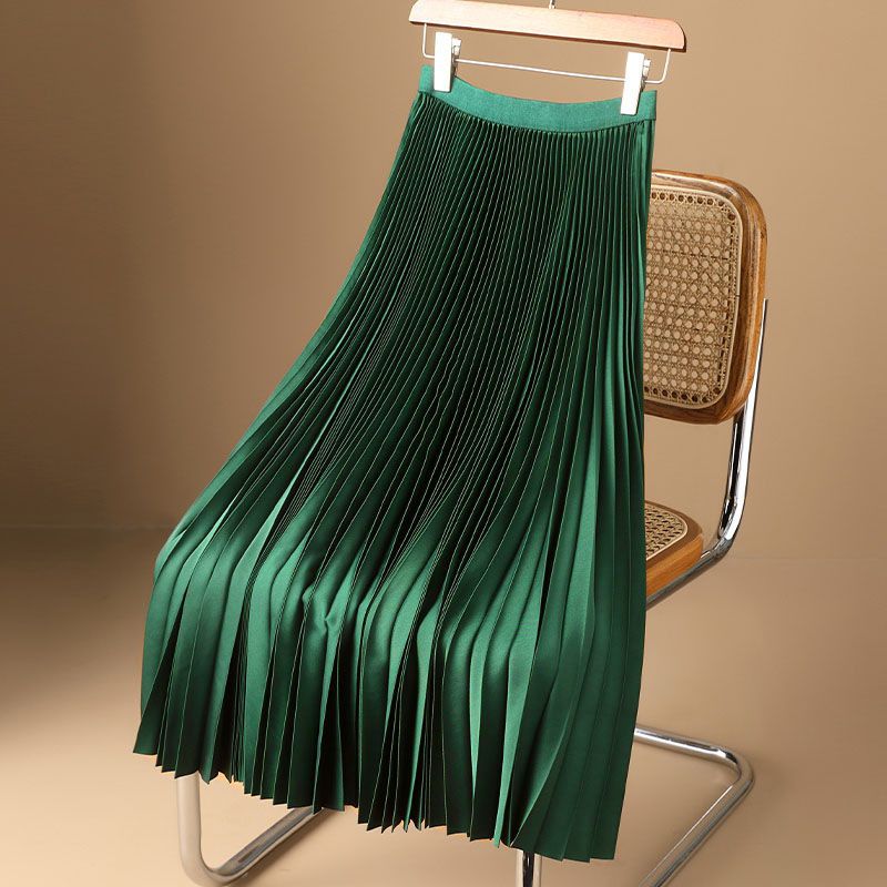 Abbigliamento femminile Gonna a pieghe in raso di alta qualità tinta unita gonna versatile di grandi dimensioni_voghion.com