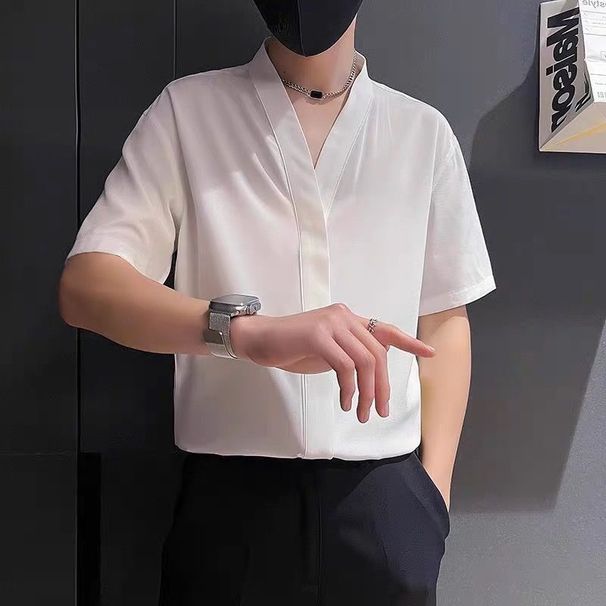 Kurzarmhemd mit Bademantelkragen für Herren, Sommerhemd aus Eisseide, kragenloses Hemd, koreanische Version des leichten, reifen Herren-Temperamentsoberteils_voghion.com
