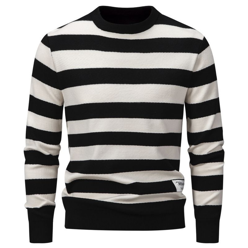 new winter men's slim striped round neck versatile warm pullover sweater bottoming shirt_voghion.com