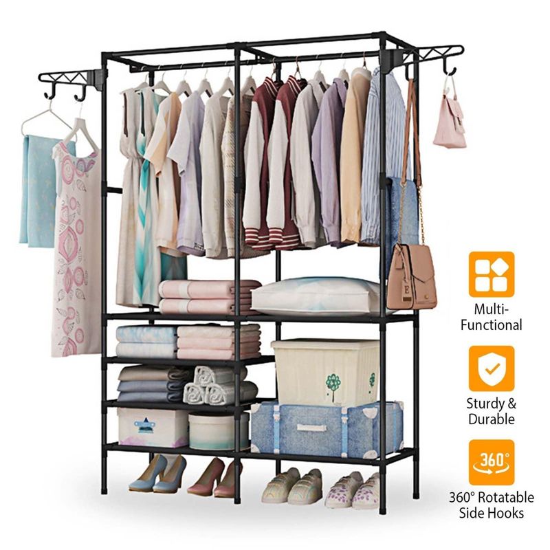 Clothing Rack Clothes Rack, 66'' Multifunctional Garment Rack For Hanging Clothes, 4 Tiers Portable Closet Rack With 4 Hooks & 2 Hanging Rods, Coated Metal Freestanding Closet Wardrobe System, Black_voghion.com