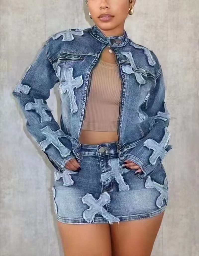 Γυναικεία Ρούχα Φθινοπωρινή Μόδα Boutique Denim Jeans Σετ Δύο Τεμαχίων με Φούστα και Σακάκι_voghion.com