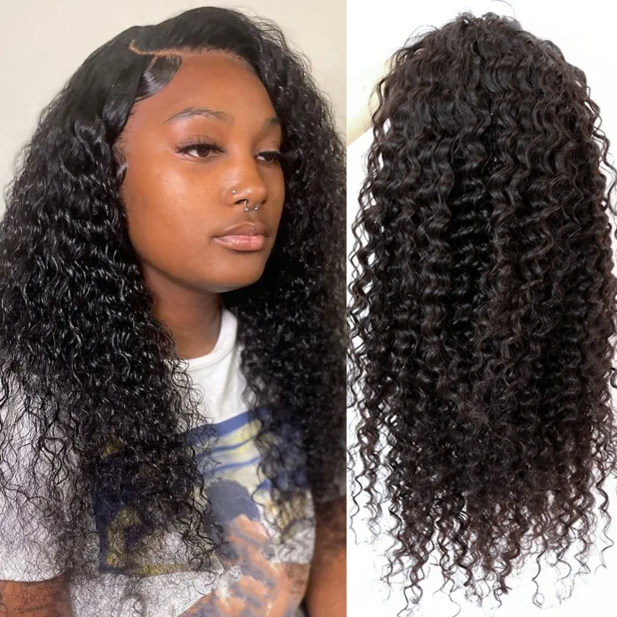 Perücke aus Echthaar mit lockigem Haar, transparenter Spitzenverschluss vorne, vorgezupfter Haaransatz, 180 Dichte, natürliches Schwarz_voghion.com
