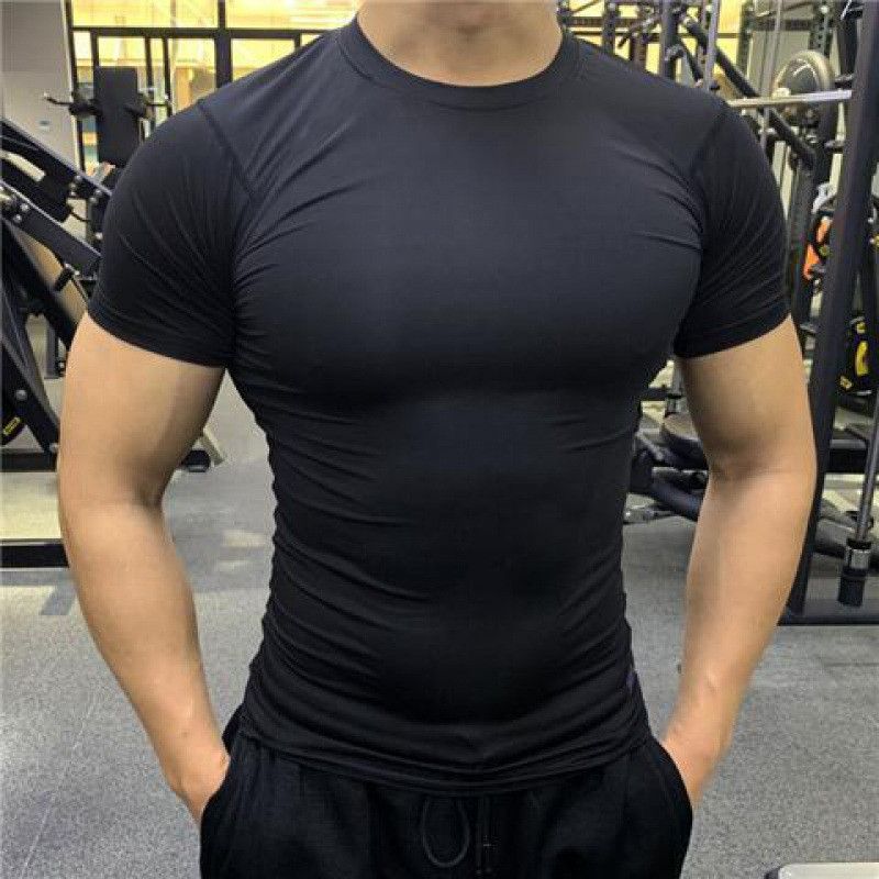Men's Fitness Clothes Summer Sports Quick Drying Stretch Tights Short Sleeved Sweat Absorbent Training T Shirt Running Fitness Tops_voghion.com