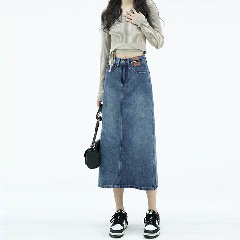 Split Hallefkierper Denim fir Fraen Instagram Summer nei Design Liederlabel Héich Taille A-Linn Casual Tasche Hënner Mëtt_voghion.com