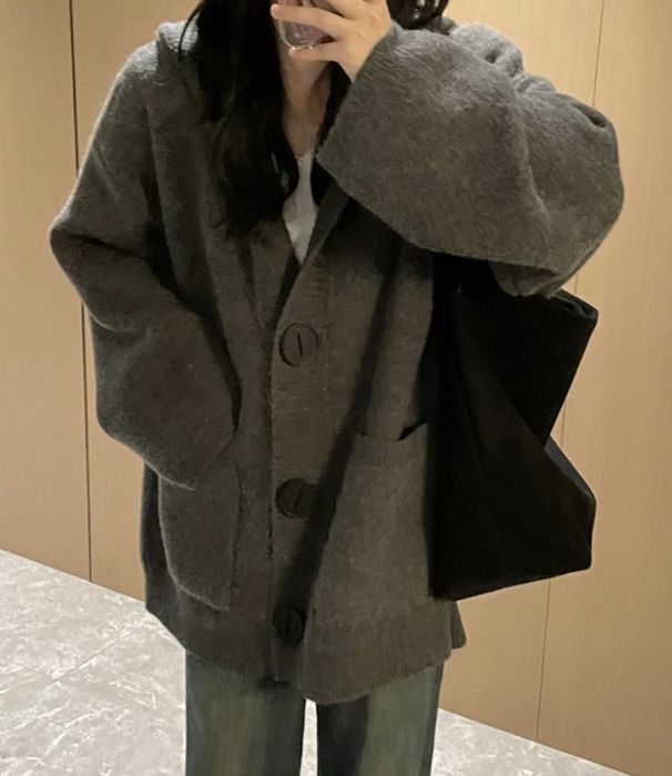Cardigan lavorato a maglia con cappuccio ispessito e pigro per ragazza, autunno inverno, per donna, nuovo stile coreano, elegante e di alta qualità_voghion.com