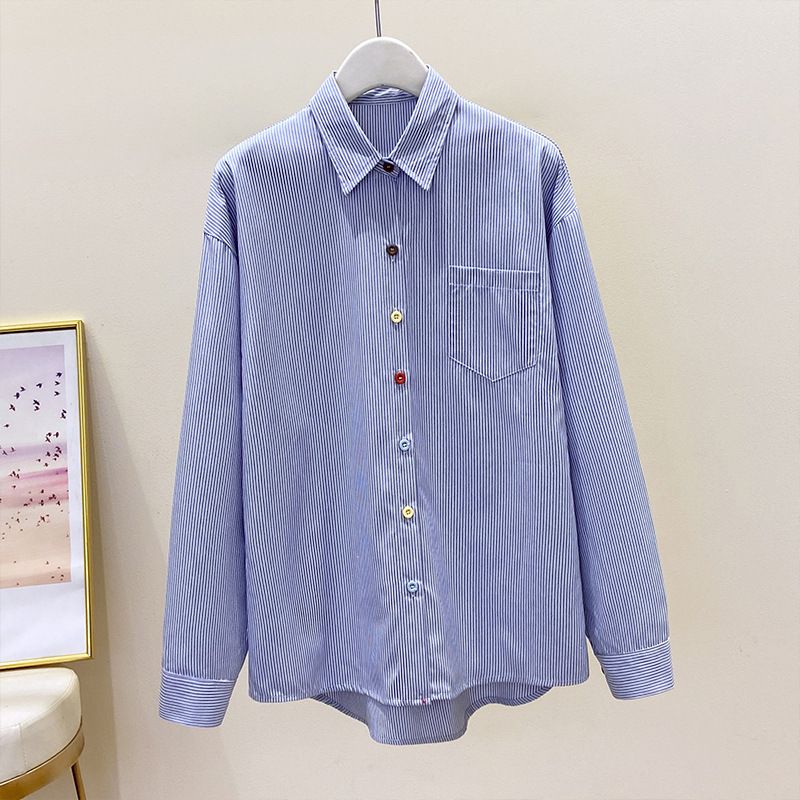 ​​Vintage-Inspired Striped Cotton Blend Shirt For Women - Relaxed Fit, Long Sleeve, Elegant Office & Casual Wear​​_voghion.com