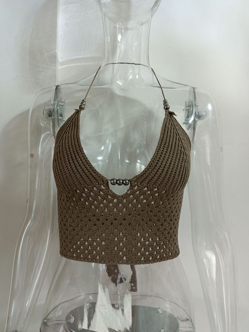 Top da spiaggia da donna in maglia con lacci, scollo a V, senza schienale e canotta, stile bohémien sexy per feste e vacanze, primavera estate_voghion.com