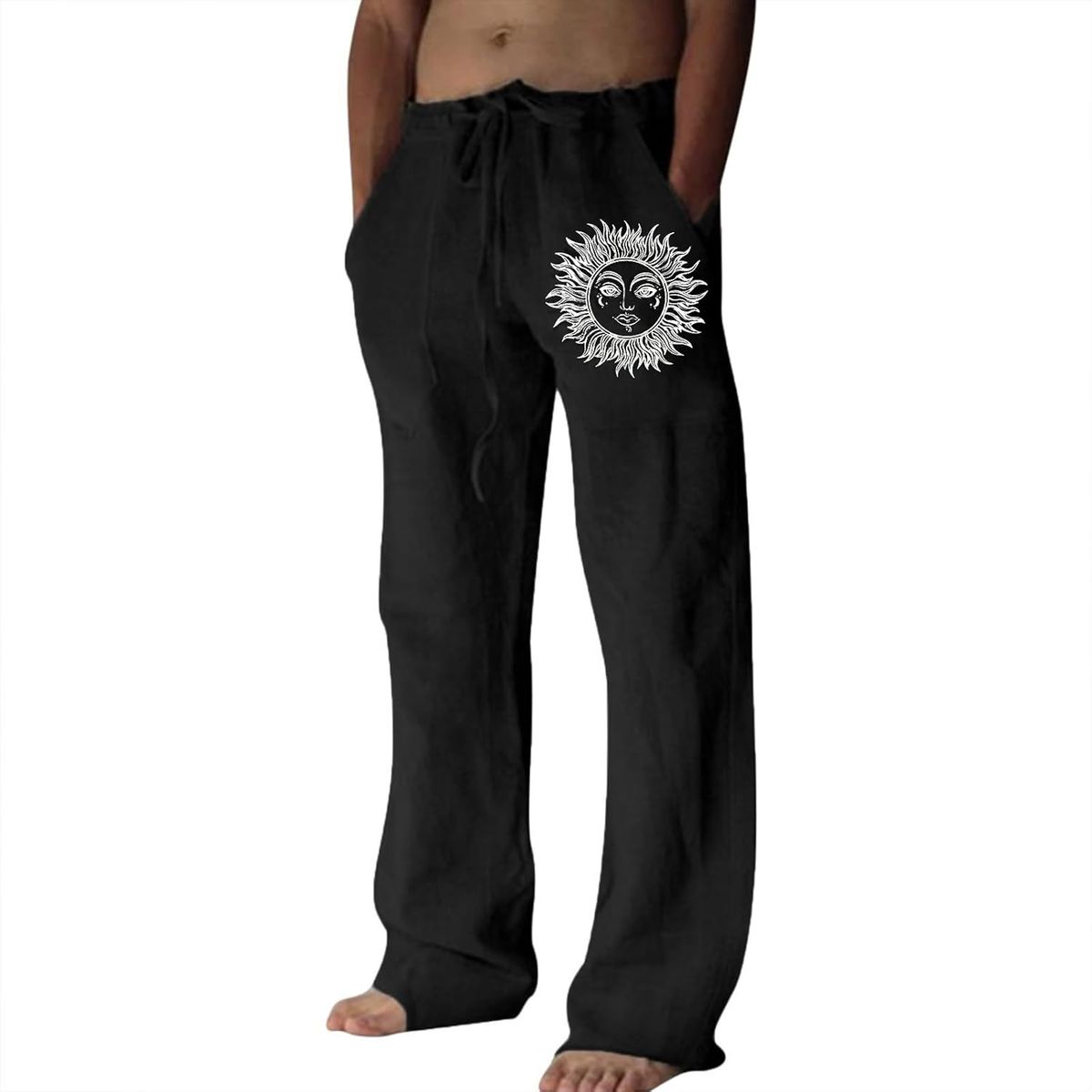 Pantaloni da jogging in lino da uomo Litthing, pantaloni estivi casual con tasche, vestibilità ampia, coulisse, comodi e leggeri_voghion.com