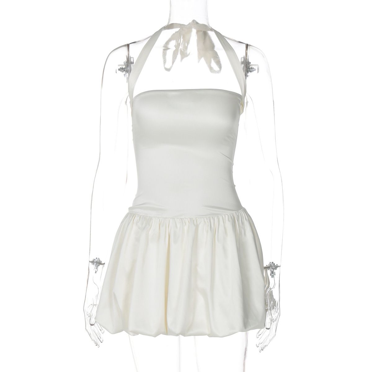 Poletna nova seksi kratka obleka s cvetličnim popkom in enobarvnim oprijetim ovratnikom, ovita v prsi, poletje 2025_voghion.com