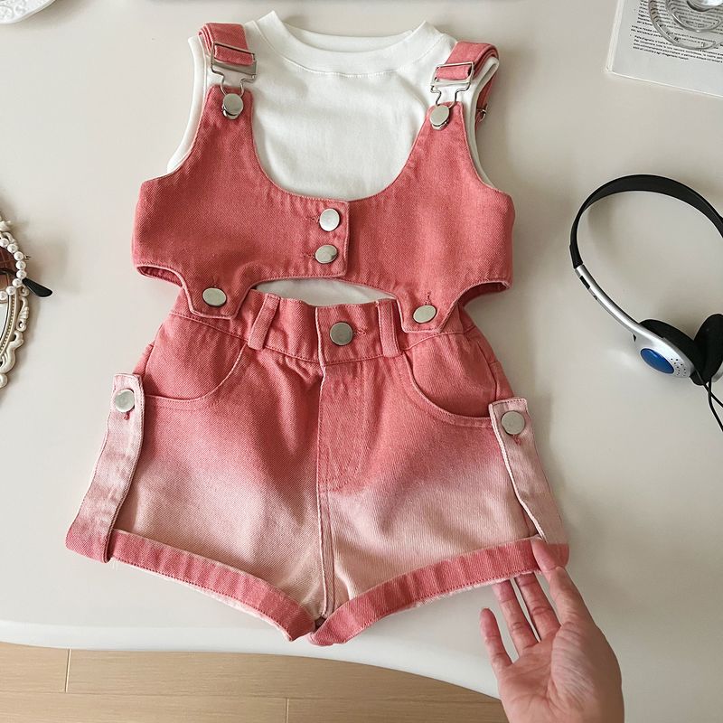 2024 summer new Korean version denim camisole short sleeved shorts 3-piece girls' cute set 24353_voghion.com