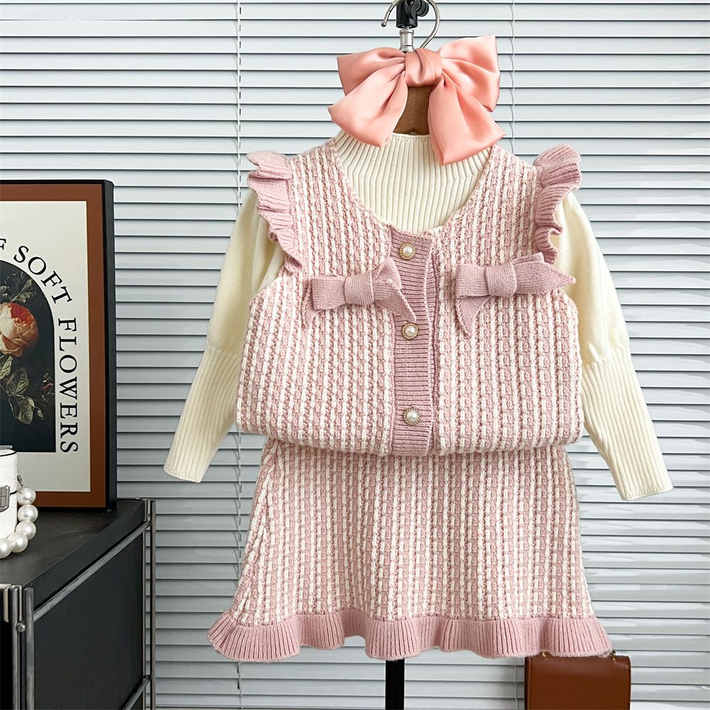 New Girls Knitted Sweater Three Piece Set Round Neck Bowknot Vertical Striped Vest + Fishtail Skirt + Bottoming Shirt_voghion.com