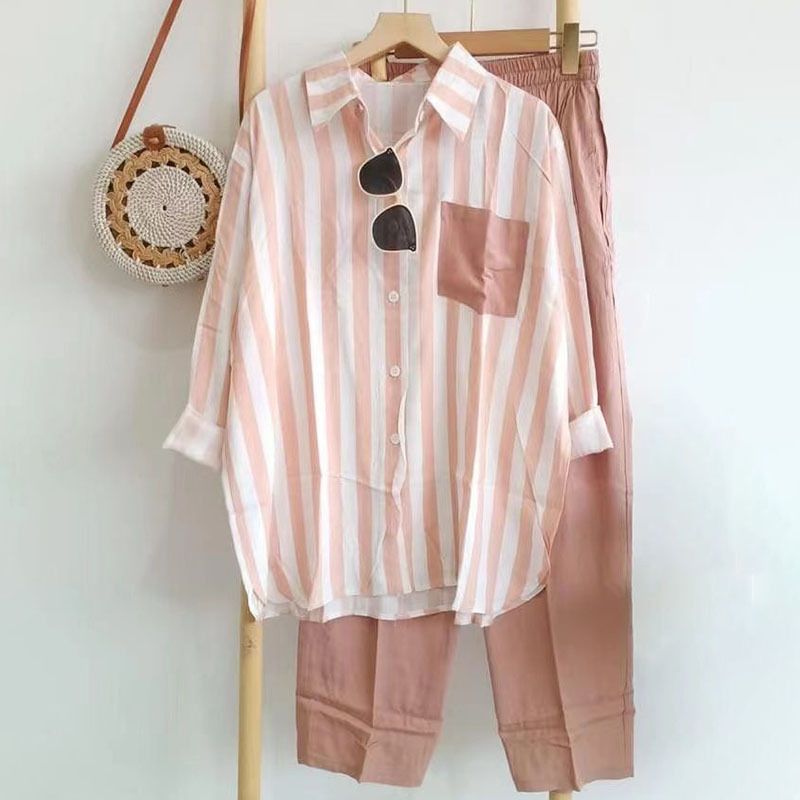 Women's fashion large size loose slim fit casual striped long-sleeved suit foreign trade wholesale_voghion.com