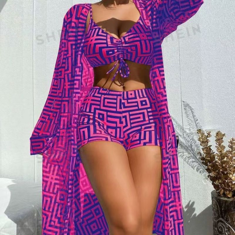 25 neue Damen Split Badeanzug Cover Up Dreiteiliges Set Geraffte Strand Hoch taillierte flache Badehose_voghion.com