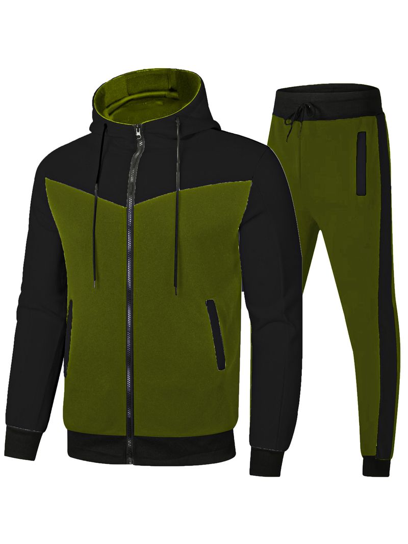 Men's Clothing Men's Colorblock Two Piece Suit with Hood, Zipper, Breathable, Casual Jacket and Casual Belt for Sports_voghion.com