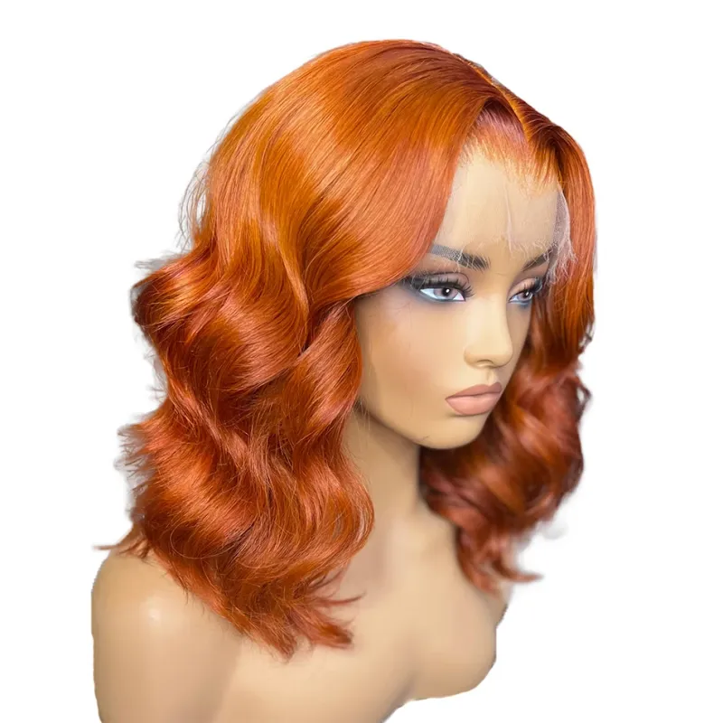 Parrucca corta arancione zenzero Boby Wave Parrucca frontale riccia in pizzo 100% capelli umani_voghion.com