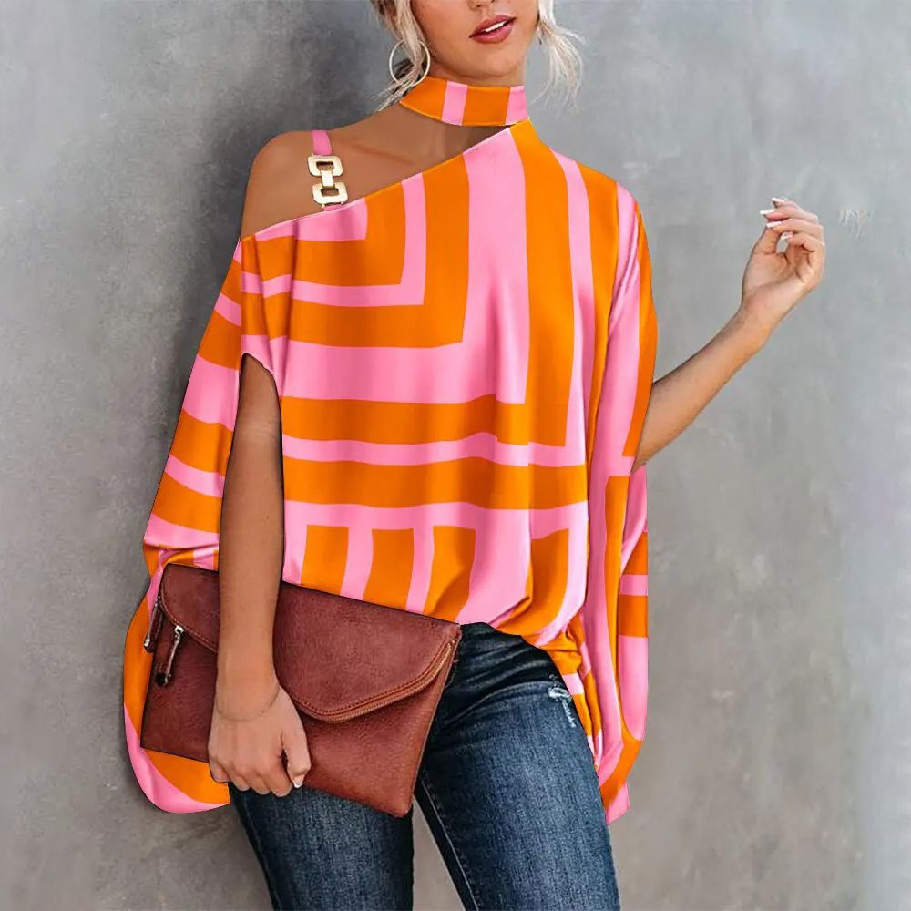 Damenbekleidung Digitaldruck Sexy Schrägkragen Lockeres Oberteil_voghion.com