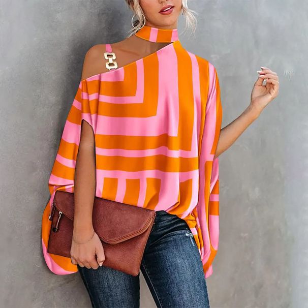 Damenbekleidung Digitaldruck Sexy Schrägkragen Lockeres Oberteil_voghion.com