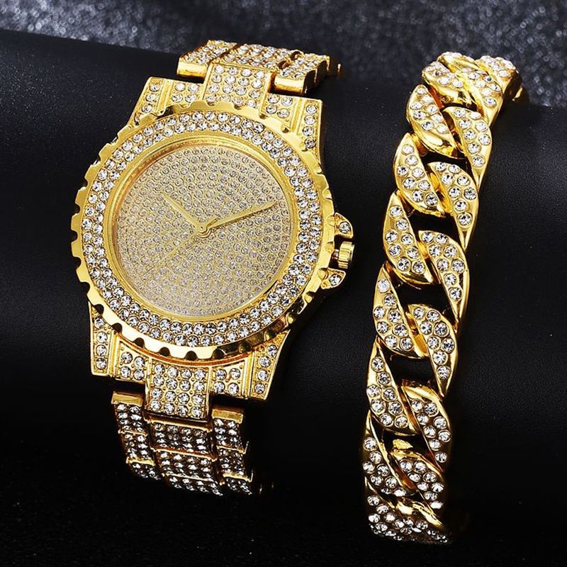 2 adet kadın altın izle moda bayanlar kuvars elmas kol saati zarif kadın bilezik saatler seti Reloj Mujer_voghion.com