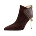 Pointed short boots women's thin heel autumn and winter new temperament high heel short women's boots frosted leather splicing bare boots_voghion.com