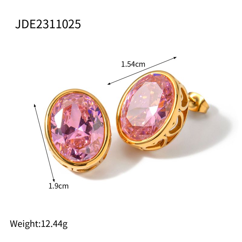 Brincos JD Designer's Gold em aço inoxidável oval com zircônia incrustada com pingente e design vermelho da internet_voghion.com