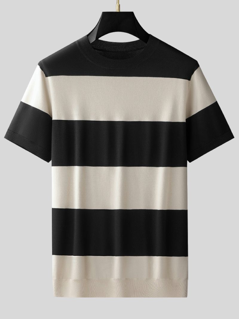 Herren-T-Shirt aus hochwertiger Baumwolle mit bretonischen Streifen – Locker geschnittenes, kurzärmliges T-Shirt mit Rundhalsausschnitt (XS-XXL) – Atmungsaktiver Sommerstrick in Schwarz und Weiß​_voghion.com