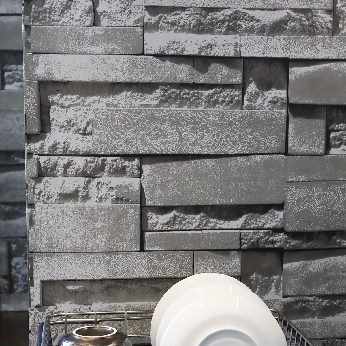 Naklejki samoprzylepne do salonu i jadalni z motywem kamienia 3D Szara cegła Zdejmowana wodoodporna tapeta_voghion.com