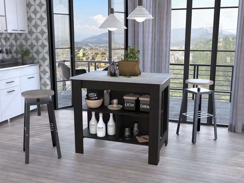 Rockaway 3-Shelf Kitchen Island Black And Ibiza Marble_voghion.com