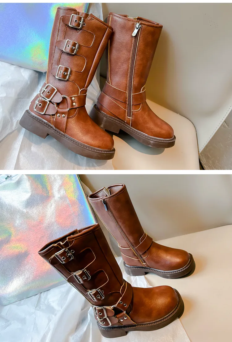 Kids' shoes Children's Martin boots 2024 autumn and winter new style baby girl fashion metal buckle high boots retro genuine leather Martin_voghion.com