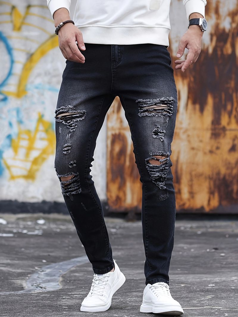 Pantaloni skinny aderenti da uomo in denim strappato, nuovi e skinny da uomo_voghion.com