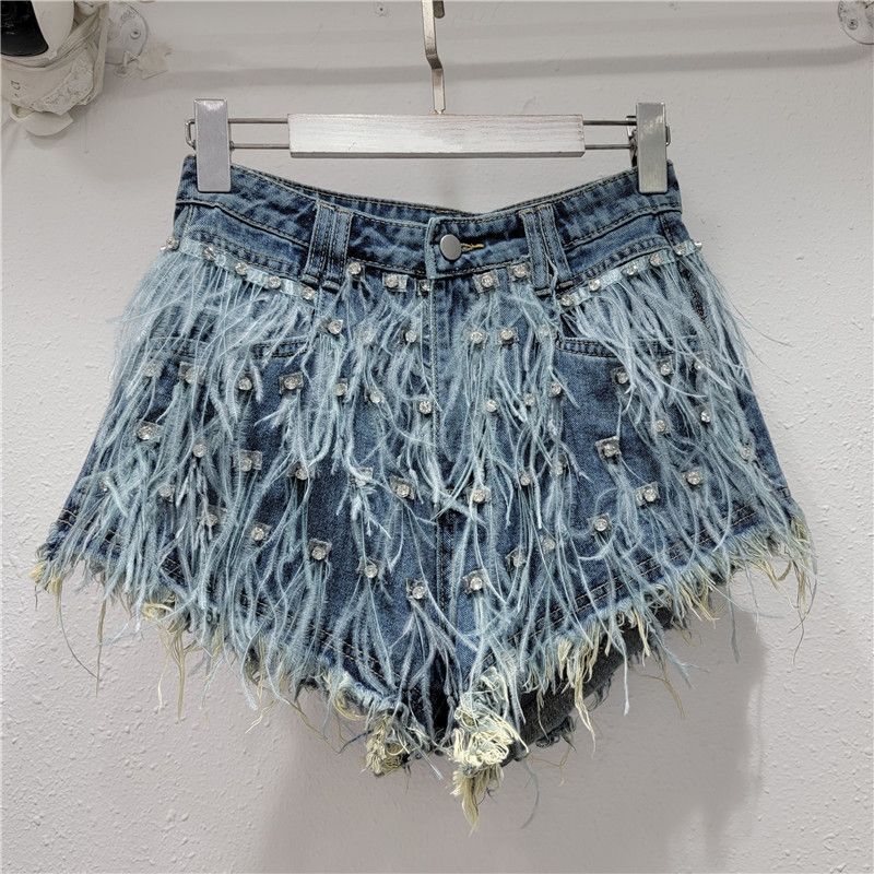 Women's Clothing New Heavy Diamond Ostrich Feather Design Slim Tassel Fashionable Versatile Denim Shorts_voghion.com