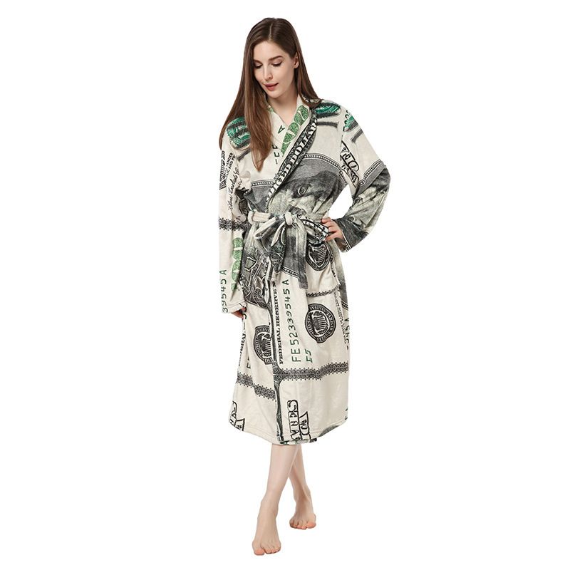 New Dollar Bill Print Couple Hooded Robe Flannel Bathrobe Unique Sleepwear_voghion.com