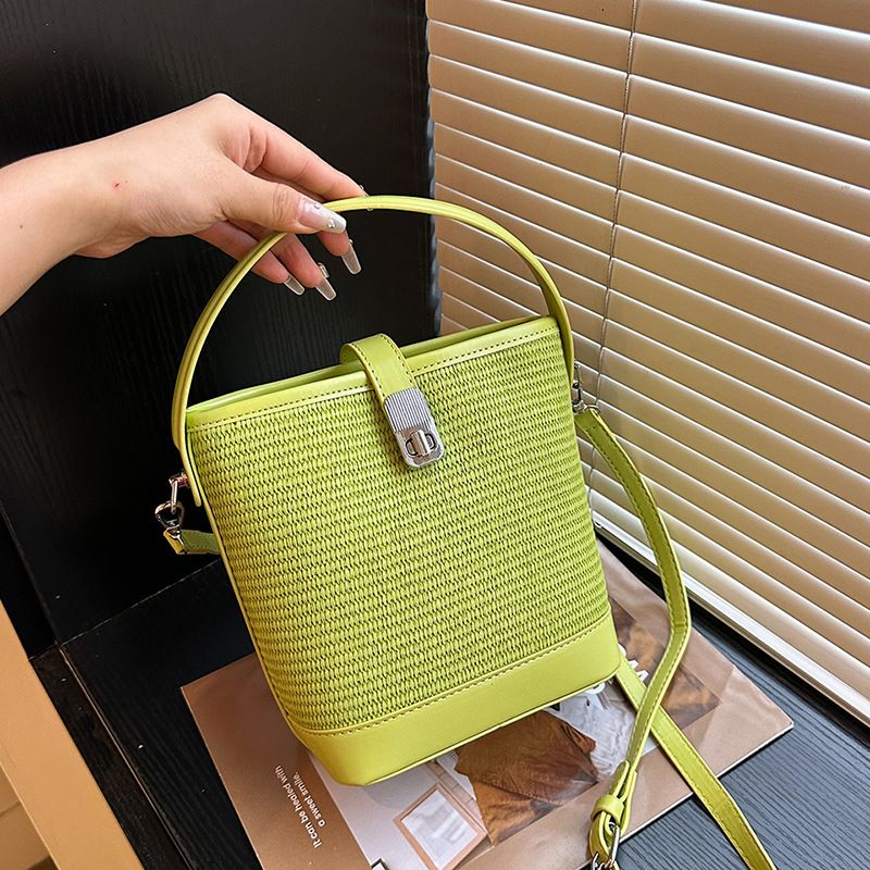 Super popular niche grass for women 2024 new summer color blocking versatile woven crossbody water bucket bag, mobile_voghion.com