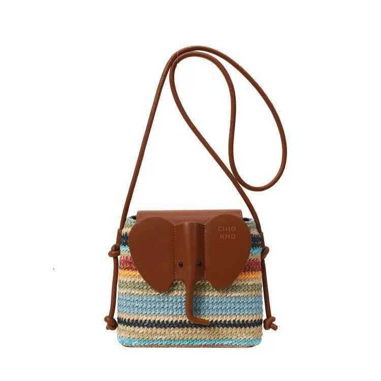 Borsa a tracolla piccola con tracolla singola estiva da donna, in tessuto intrecciato con elefante arcobaleno e vento notturno_voghion.com