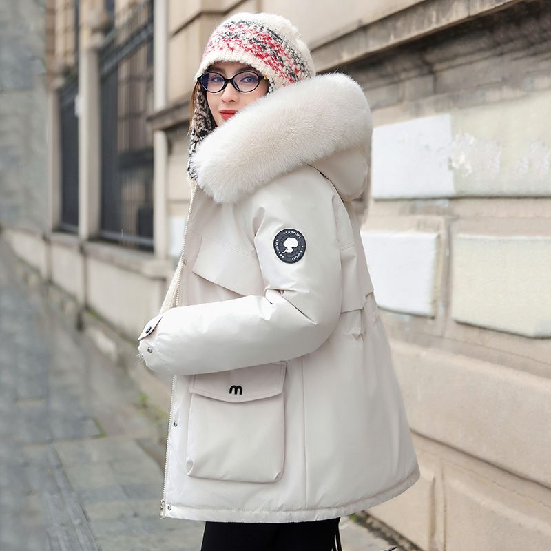 Women's Quilted Jacket With Faux Fur Hood, Waist Belt, Large Pockets - Winter Coat For Women, Short Puffer Jacket, Warm Outerwear_voghion.com